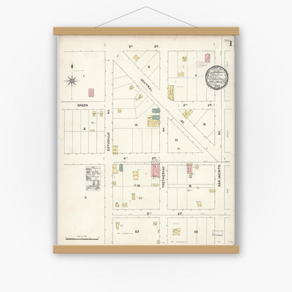 Old map wall art mockup — magnetic wood frame on white wall — Sanborn Fire Insurance Map from San Jacinto, Riverside County, California (1891) - Complete Map Set