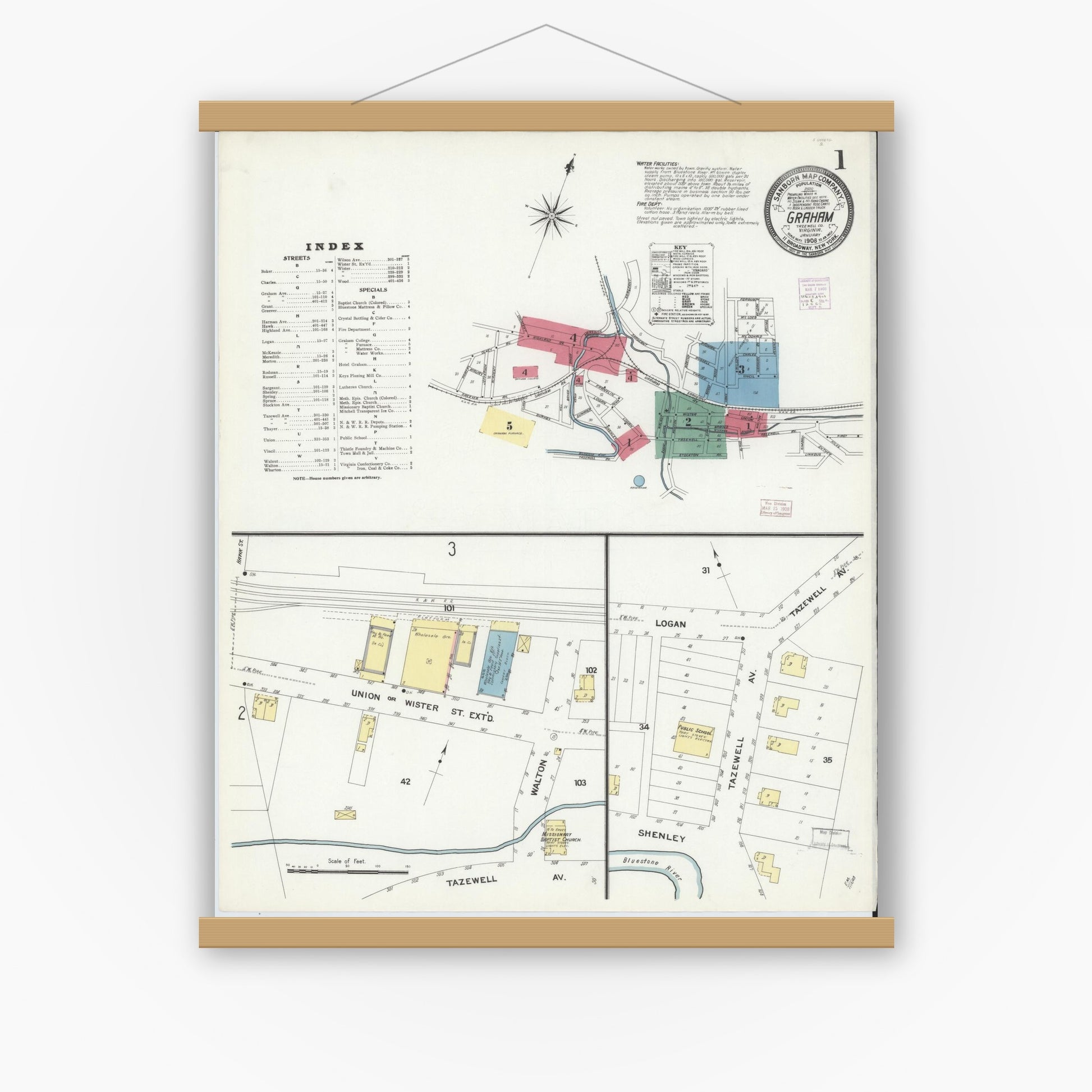 Old map wall art mockup — magnetic wood frame on white wall — Sanborn Fire Insurance Map from Graham, Tazewell County, Virginia (1908) - Complete Map Set
