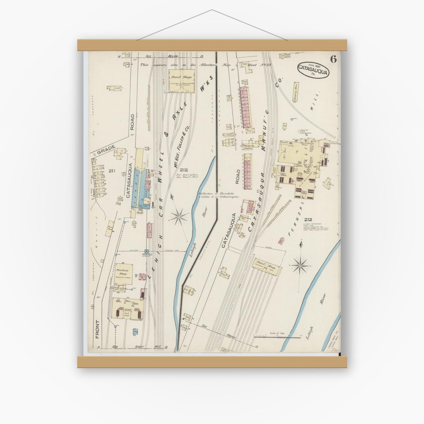 Old map wall art mockup — magnetic wood frame on white wall — Sanborn Fire Insurance Map from Catasauqua, Lehigh County, Pennsylvania (1885), Sheet #0006