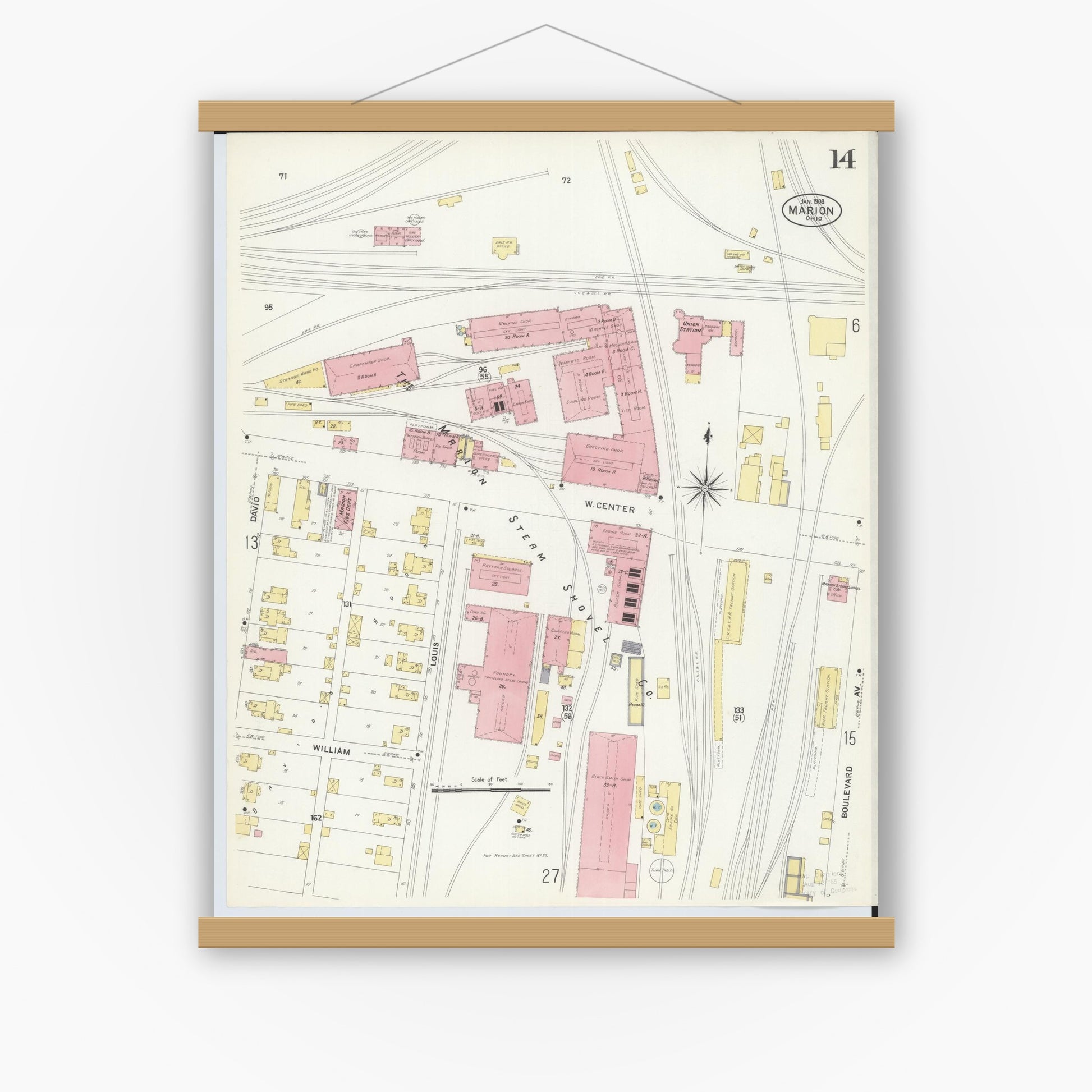 Old map wall art mockup — magnetic wood frame on white wall — Sanborn Fire Insurance Map from Marion, Marion County, Ohio (1908), Sheet #0014