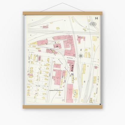 Old map wall art mockup — magnetic wood frame on white wall — Sanborn Fire Insurance Map from Marion, Marion County, Ohio (1908), Sheet #0014