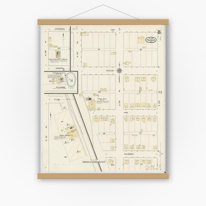 Old map wall art mockup — magnetic wood frame on white wall — Sanborn Fire Insurance Map from Teague, Freestone County, Texas (1914), Sheet #0008