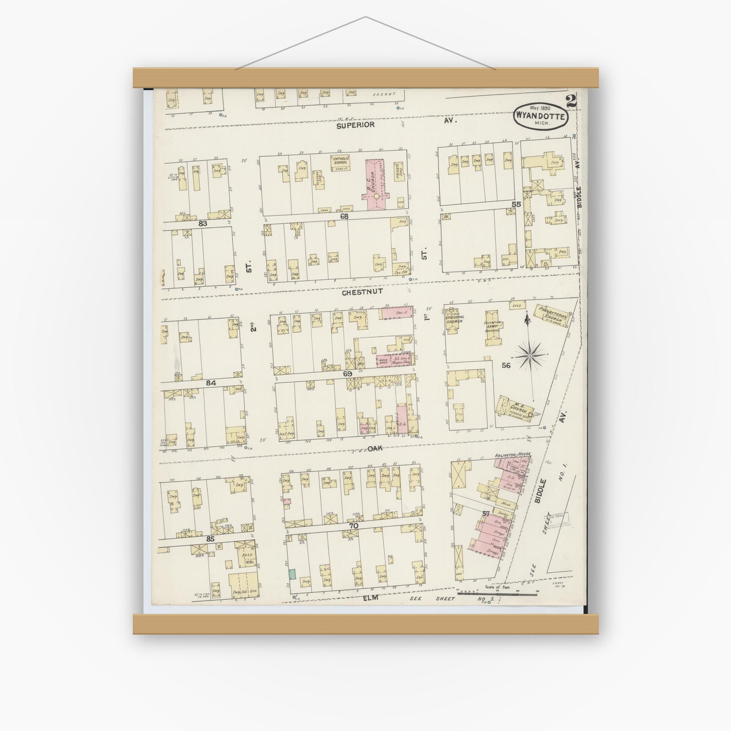 Old map wall art mockup — magnetic wood frame on white wall — Sanborn Fire Insurance Map from Wyandotte, Wayne County, Michigan (1890), Sheet #0002