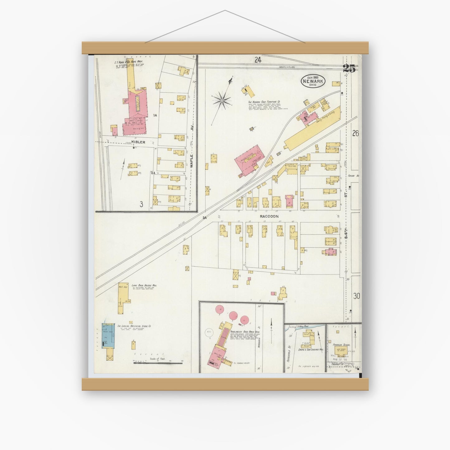 Old map wall art mockup — magnetic wood frame on white wall — Sanborn Fire Insurance Map from Newark, Licking County, Ohio (1905), Sheet #0025