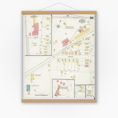 Old map wall art mockup — magnetic wood frame on white wall — Sanborn Fire Insurance Map from Newark, Licking County, Ohio (1905), Sheet #0025