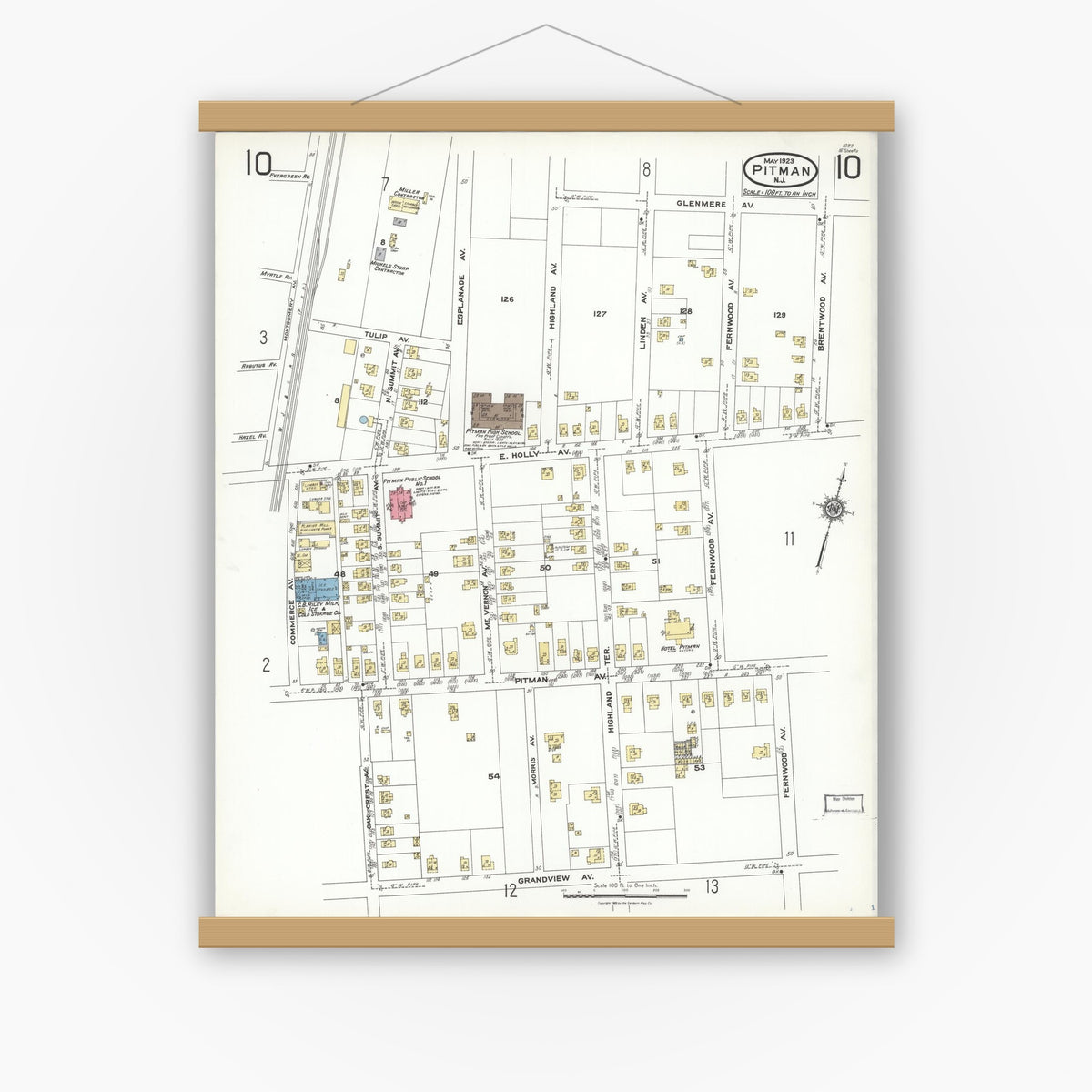Old map wall art mockup — magnetic wood frame on white wall — Sanborn Fire Insurance Map from Pitman, Gloucester County, New Jersey (1923), Sheet #0010