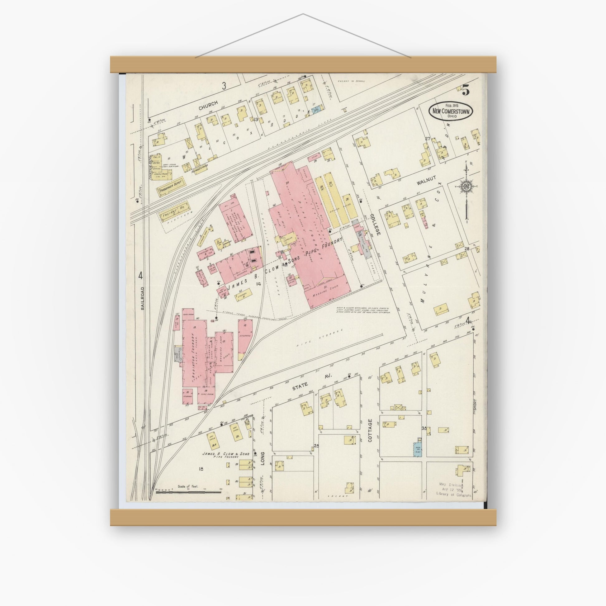 Old map wall art mockup — magnetic wood frame on white wall — Sanborn Fire Insurance Map from Newcomerstown, Tuscarawas County, Ohio (1915), Sheet #0005