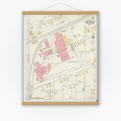 Old map wall art mockup — magnetic wood frame on white wall — Sanborn Fire Insurance Map from Newcomerstown, Tuscarawas County, Ohio (1915), Sheet #0005