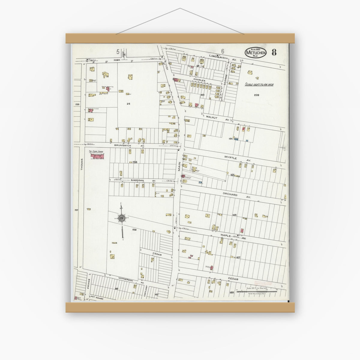 Old map wall art mockup — magnetic wood frame on white wall — Sanborn Fire Insurance Map from Metuchen, Middlesex County, New Jersey (1920), Sheet #0008
