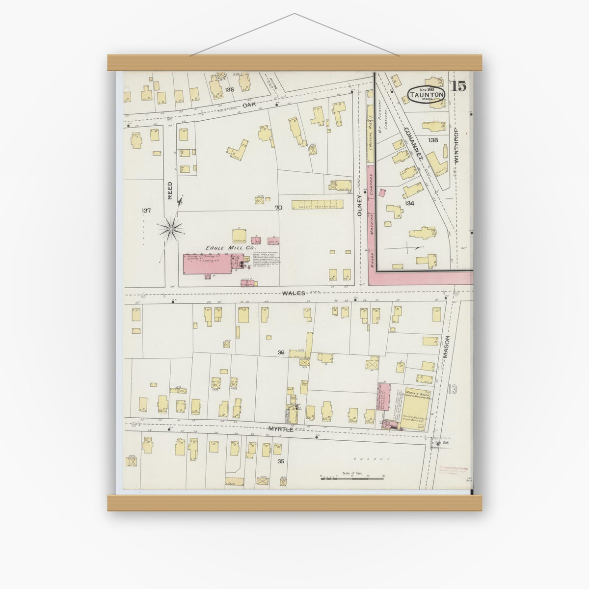 Old map wall art mockup — magnetic wood frame on white wall — Sanborn Fire Insurance Map from Taunton, Bristol County, Massachusetts (1893), Sheet #0015