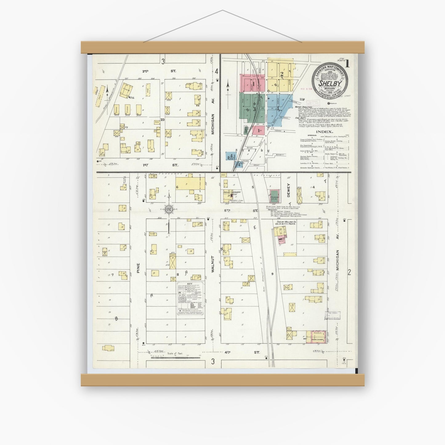 Old map wall art mockup — magnetic wood frame on white wall — Sanborn Fire Insurance Map from Shelby, Oceana County, Michigan (1910) - Complete Map Set