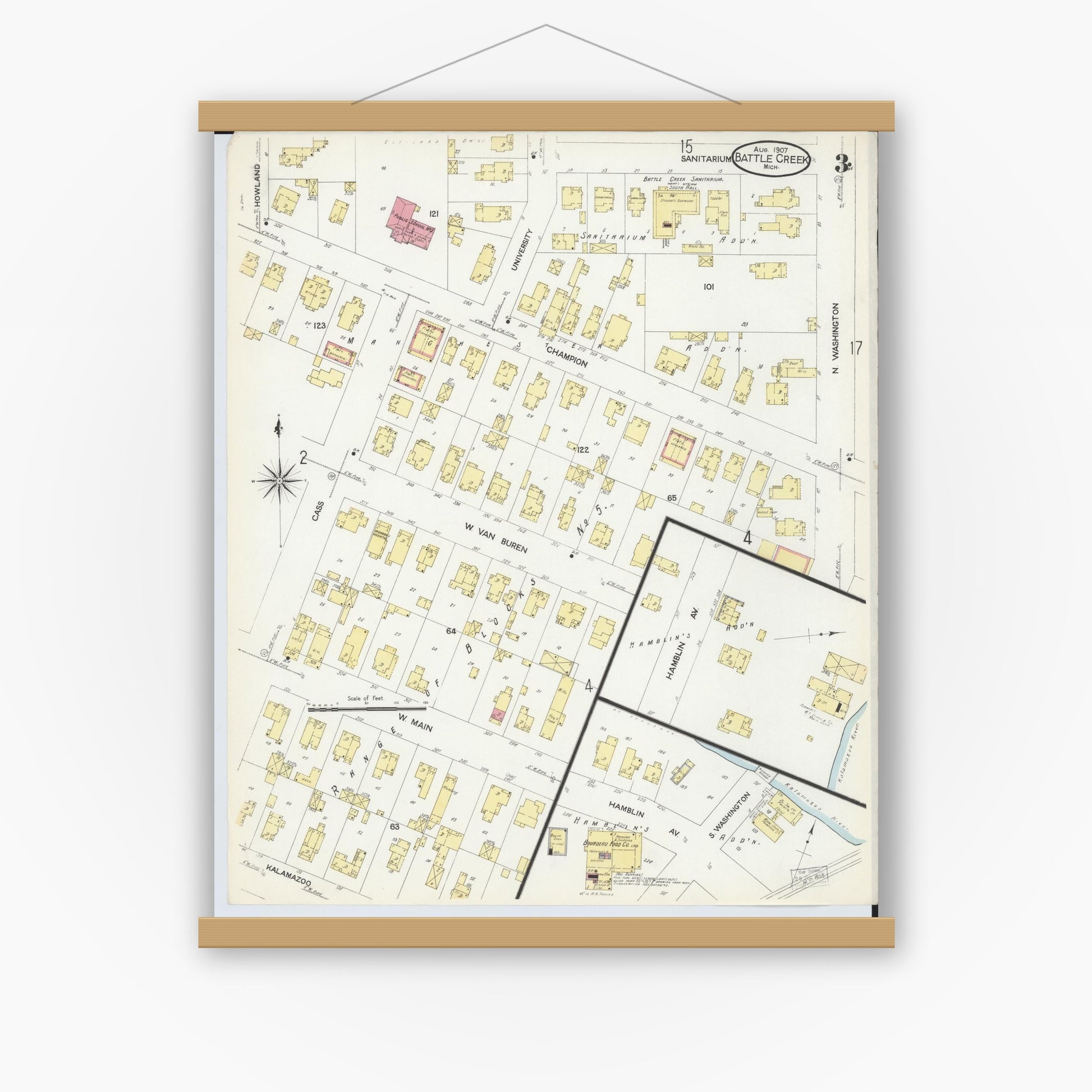 Old map wall art mockup — magnetic wood frame on white wall — Sanborn Fire Insurance Map from Battle Creek, Calhoun County, Michigan (1907), Sheet #0003