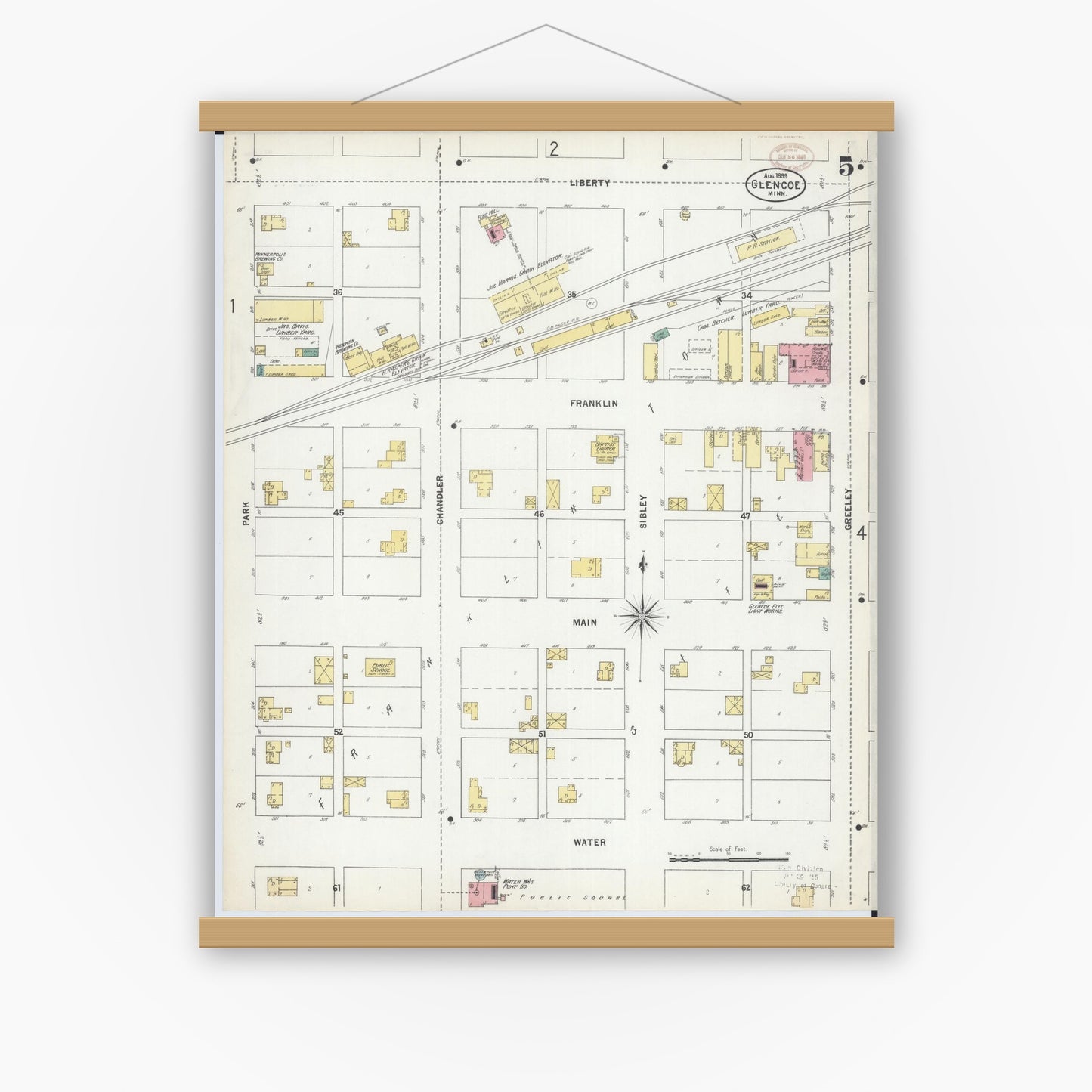Old map wall art mockup — magnetic wood frame on white wall — Sanborn Fire Insurance Map from Glencoe, Mcleod County, Minnesota (1899), Sheet #0005
