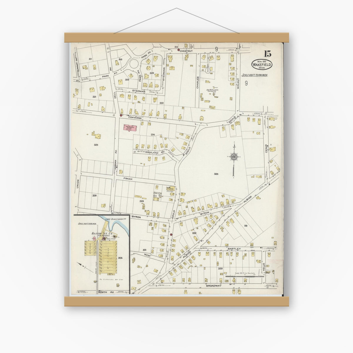 Old map wall art mockup — magnetic wood frame on white wall — Sanborn Fire Insurance Map from Wakefield, Middlesex County, Massachusetts (1915), Sheet #0015