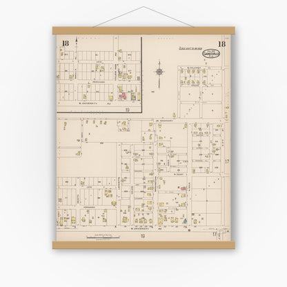 Old map wall art mockup — magnetic wood frame on white wall — Sanborn Fire Insurance Map from Gainesville, Alachua County, Florida (1922), Sheet #0018