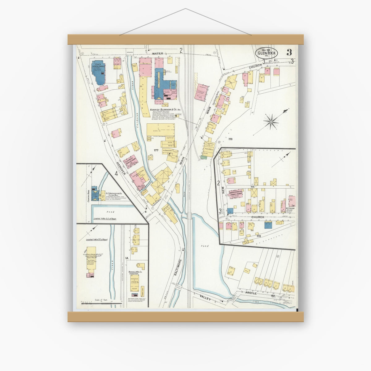 Old map wall art mockup — magnetic wood frame on white wall — Sanborn Fire Insurance Map from Glen Rock, York County, Pennsylvania (1908), Sheet #0003