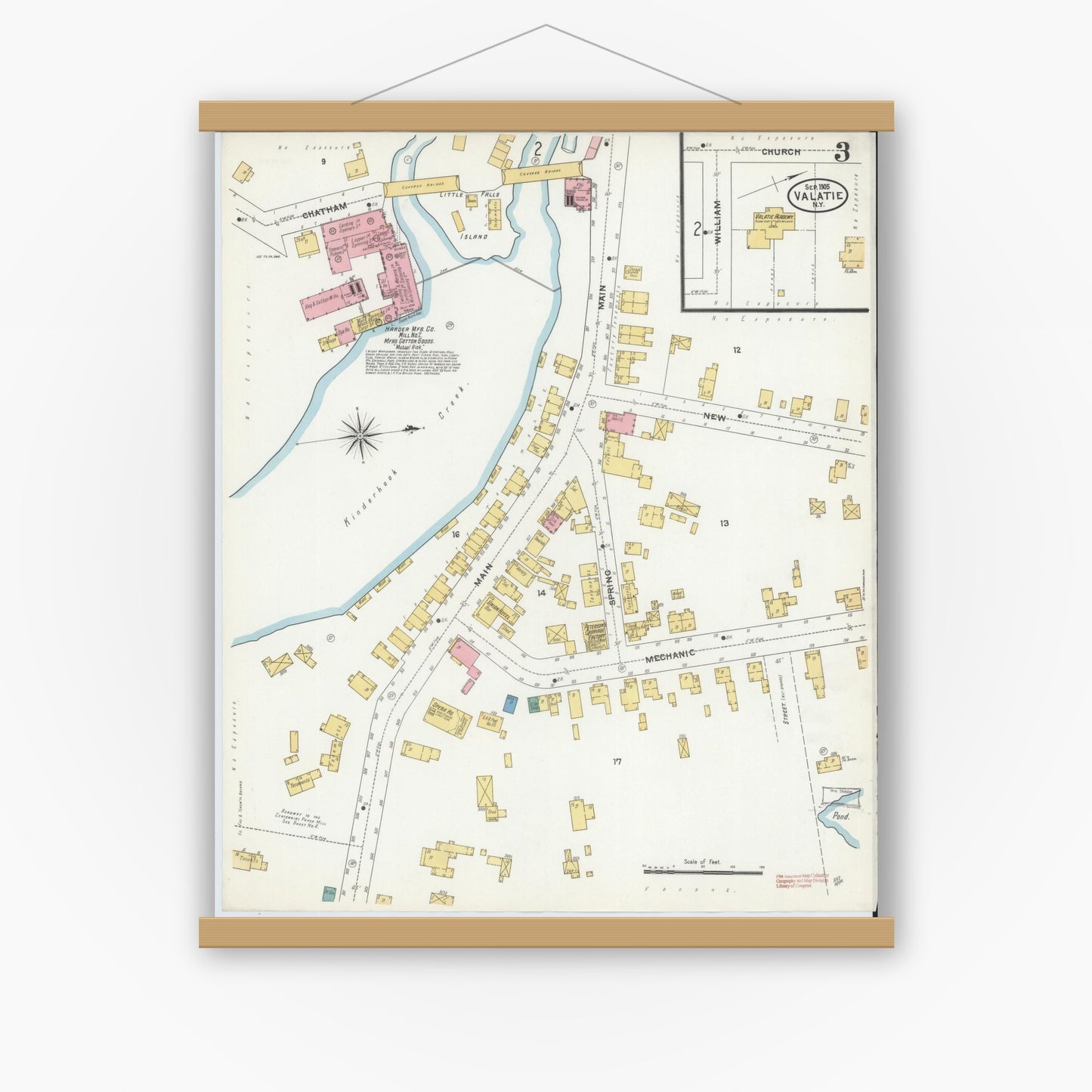 Old map wall art mockup — magnetic wood frame on white wall — Sanborn Fire Insurance Map from Valatie, Columbia County, New York (1905), Sheet #0003