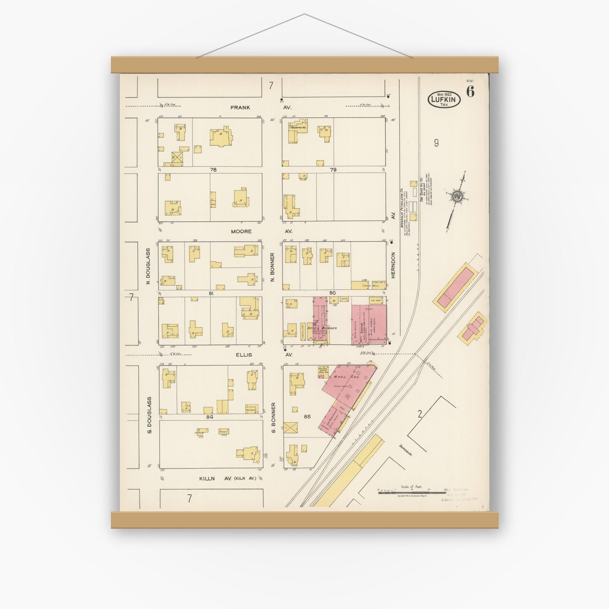 Old map wall art mockup — magnetic wood frame on white wall — Sanborn Fire Insurance Map from Lufkin, Angelina County, Texas (1922), Sheet #0006