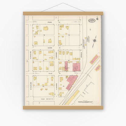 Old map wall art mockup — magnetic wood frame on white wall — Sanborn Fire Insurance Map from Lufkin, Angelina County, Texas (1922), Sheet #0006