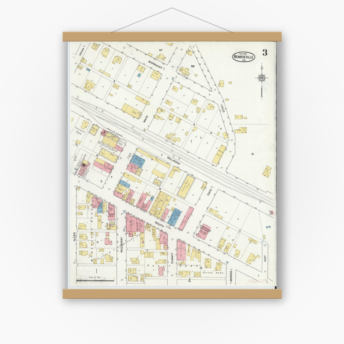 Old map wall art mockup — magnetic wood frame on white wall — Sanborn Fire Insurance Map from Monroeville, Allen County, Indiana (1916), Sheet #0003