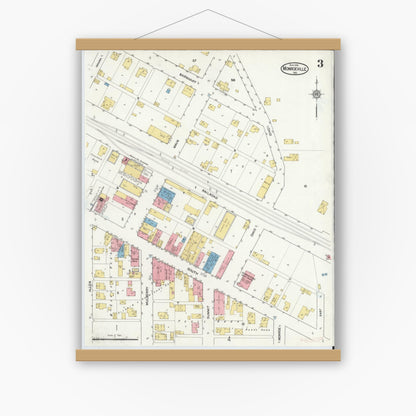 Old map wall art mockup — magnetic wood frame on white wall — Sanborn Fire Insurance Map from Monroeville, Allen County, Indiana (1916), Sheet #0003