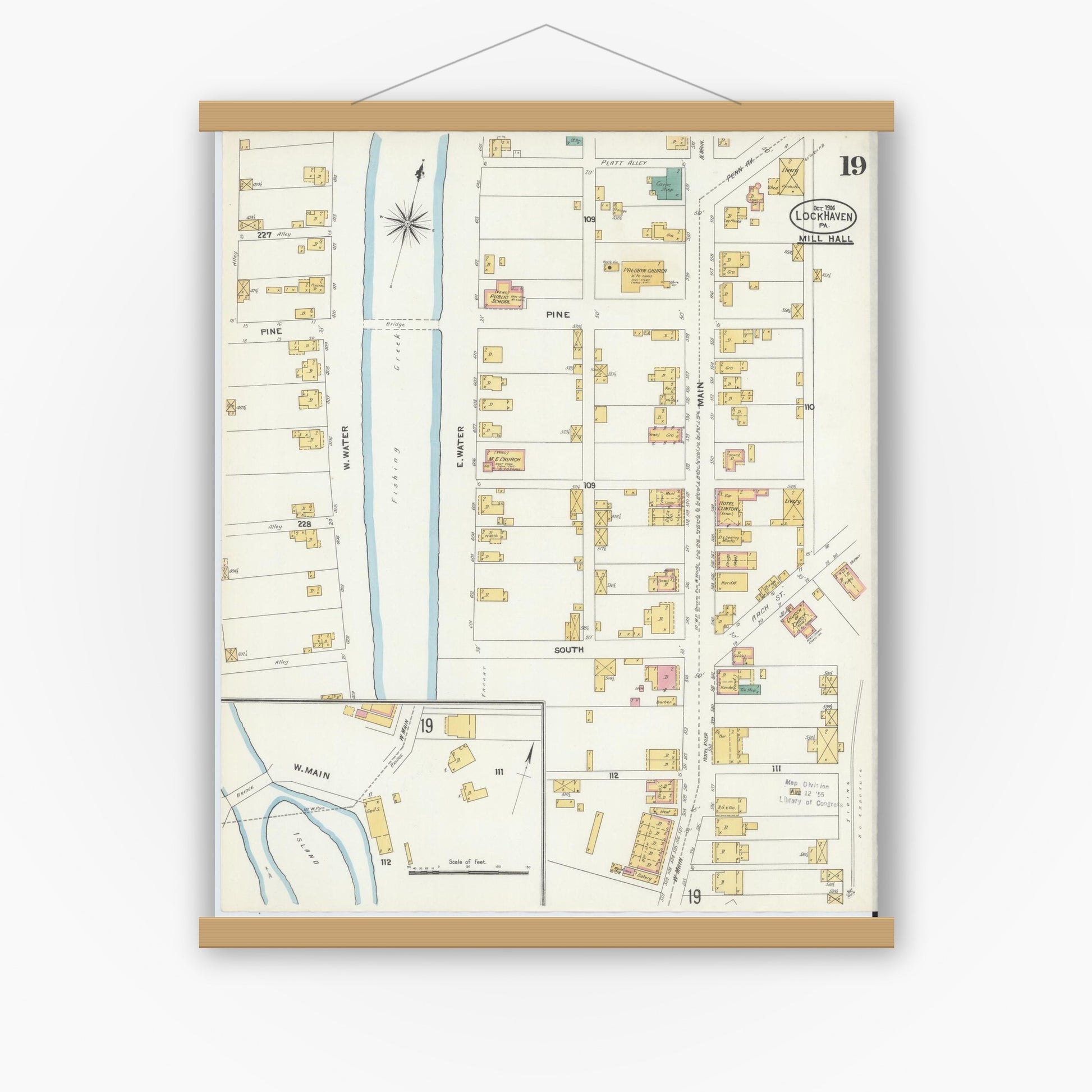 Old map wall art mockup — magnetic wood frame on white wall — Sanborn Fire Insurance Map from Lock Haven, Clinton County, Pennsylvania (1906), Sheet #0019