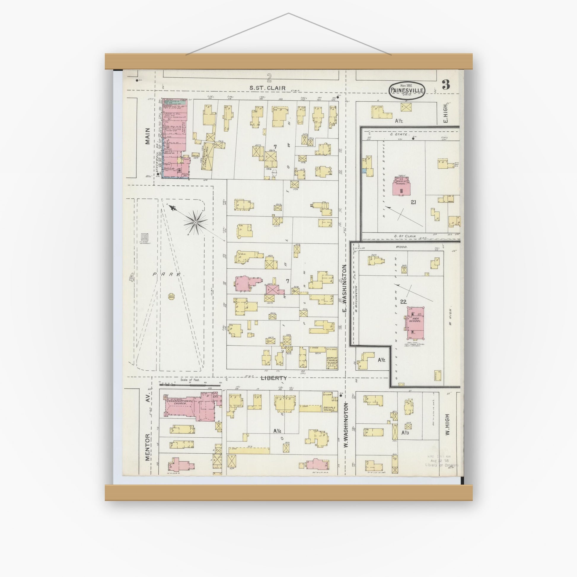 Old map wall art mockup — magnetic wood frame on white wall — Sanborn Fire Insurance Map from Painesville, Lake County, Ohio (1892), Sheet #0003
