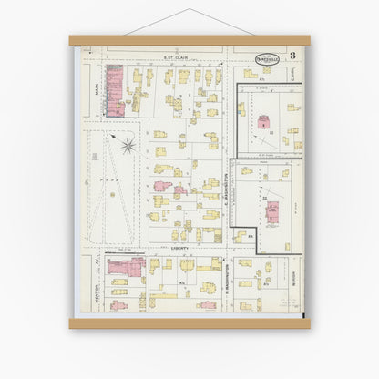 Old map wall art mockup — magnetic wood frame on white wall — Sanborn Fire Insurance Map from Painesville, Lake County, Ohio (1892), Sheet #0003
