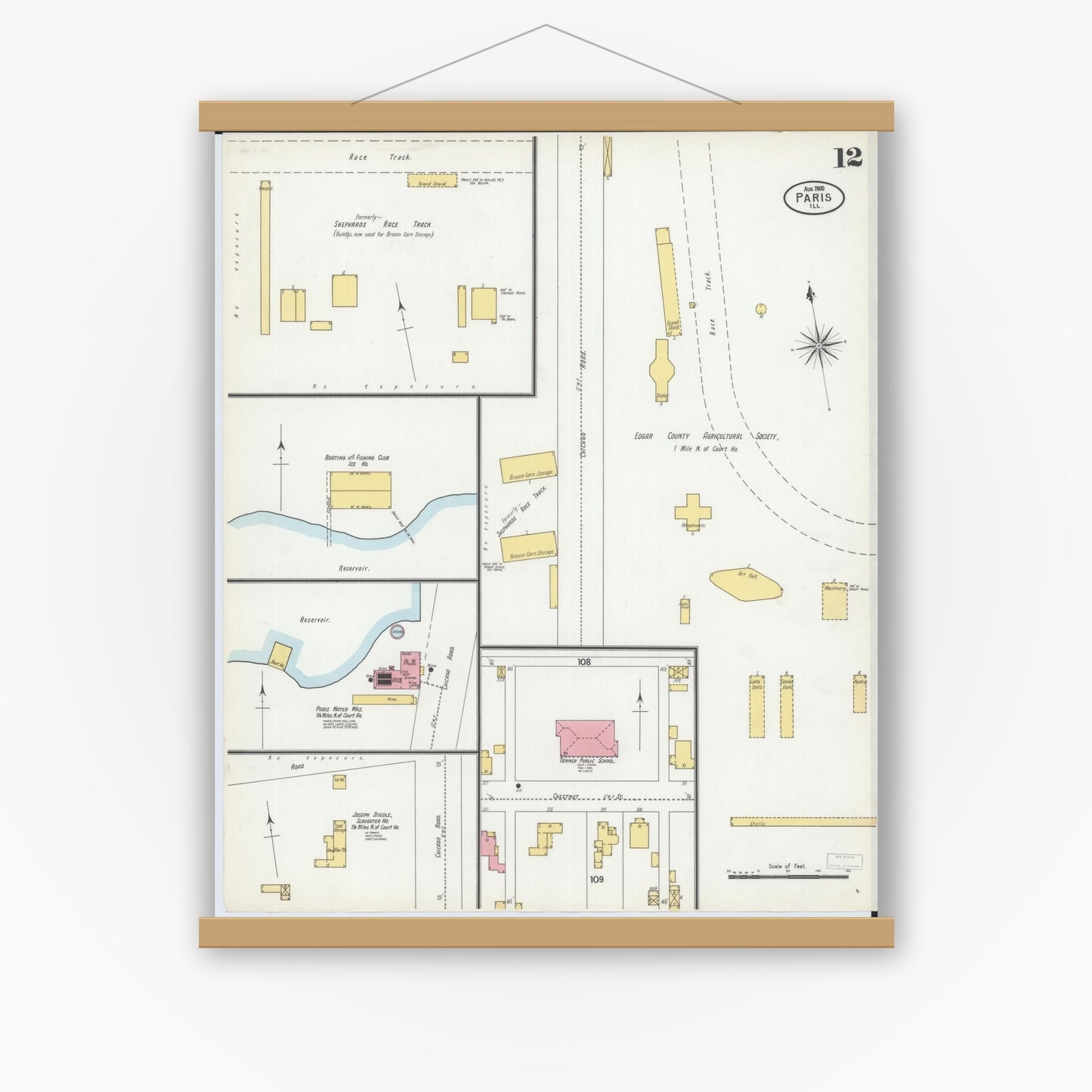 Old map wall art mockup — magnetic wood frame on white wall — Sanborn Fire Insurance Map from Paris, Edgar County, Illinois (1900), Sheet #0012