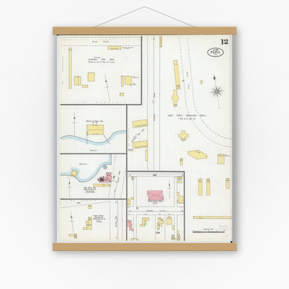 Old map wall art mockup — magnetic wood frame on white wall — Sanborn Fire Insurance Map from Paris, Edgar County, Illinois (1900), Sheet #0012