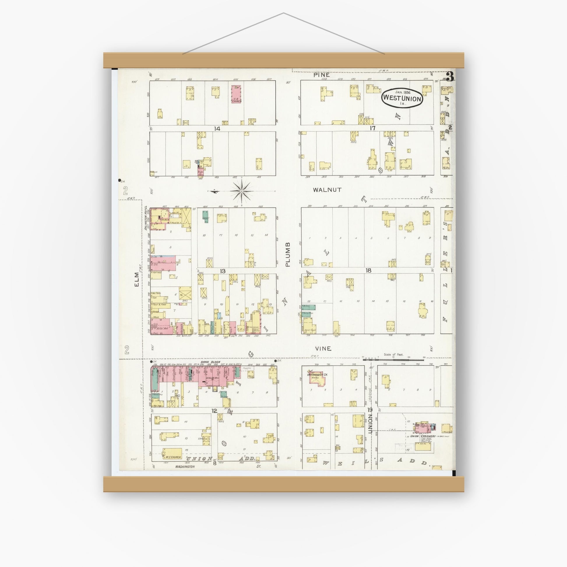 Old map wall art mockup — magnetic wood frame on white wall — Sanborn Fire Insurance Map from West Union, Fayette County, Iowa (1894), Sheet #0003