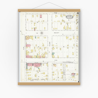 Old map wall art mockup — magnetic wood frame on white wall — Sanborn Fire Insurance Map from West Union, Fayette County, Iowa (1894), Sheet #0003