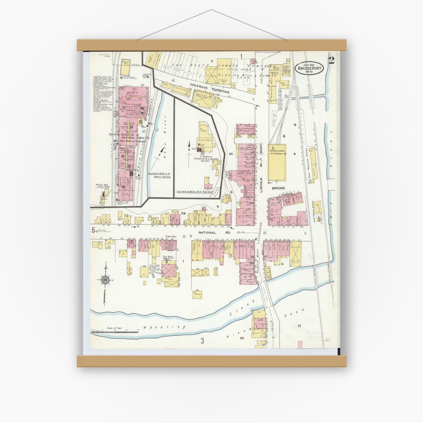 Old map wall art mockup — magnetic wood frame on white wall — Sanborn Fire Insurance Map from Bridgeport, Belmont County, Ohio (1910), Sheet #0002