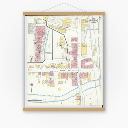 Old map wall art mockup — magnetic wood frame on white wall — Sanborn Fire Insurance Map from Bridgeport, Belmont County, Ohio (1910), Sheet #0002