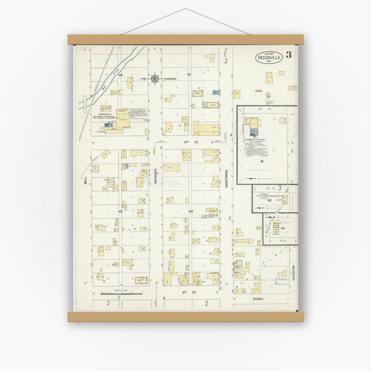 Old map wall art mockup — magnetic wood frame on white wall — Sanborn Fire Insurance Map from Reedsville, Manitowoc County, Wisconsin (1913), Sheet #0003