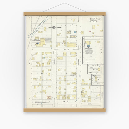 Old map wall art mockup — magnetic wood frame on white wall — Sanborn Fire Insurance Map from Reedsville, Manitowoc County, Wisconsin (1913), Sheet #0003