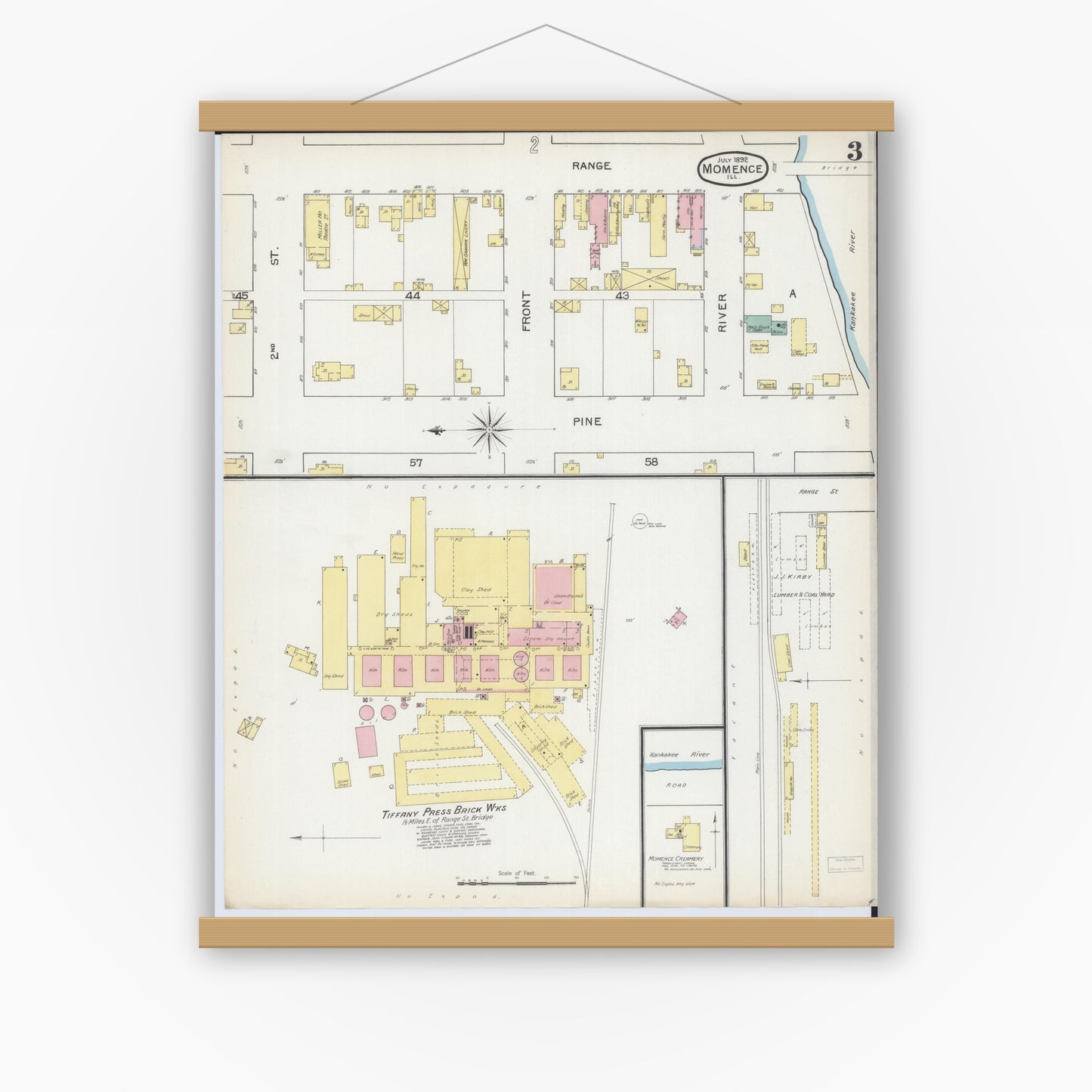 Old map wall art mockup — magnetic wood frame on white wall — Sanborn Fire Insurance Map from Momence, Kankakee County, Illinois (1892), Sheet #0003