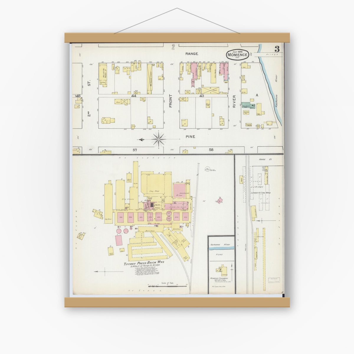 Old map wall art mockup — magnetic wood frame on white wall — Sanborn Fire Insurance Map from Momence, Kankakee County, Illinois (1892), Sheet #0003