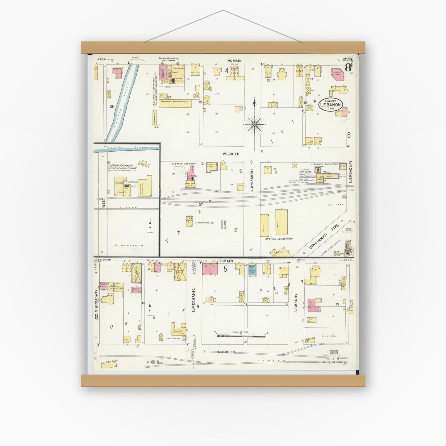 Old map wall art mockup — magnetic wood frame on white wall — Sanborn Fire Insurance Map from Lebanon, Warren County, Ohio (1907), Sheet #0008