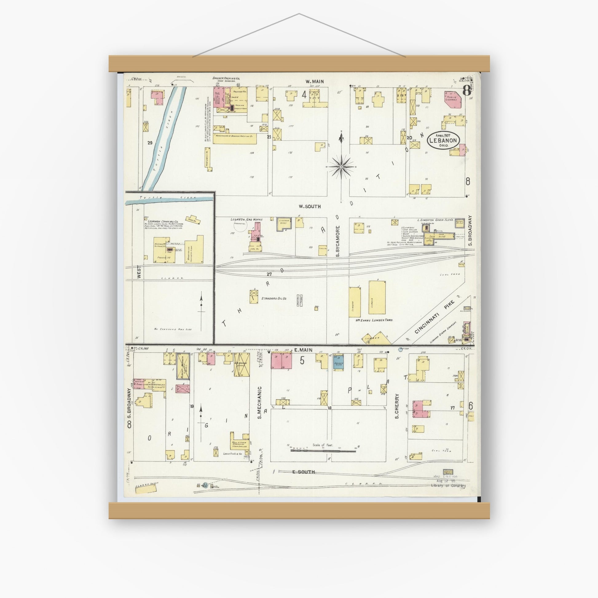 Old map wall art mockup — magnetic wood frame on white wall — Sanborn Fire Insurance Map from Lebanon, Warren County, Ohio (1907), Sheet #0008