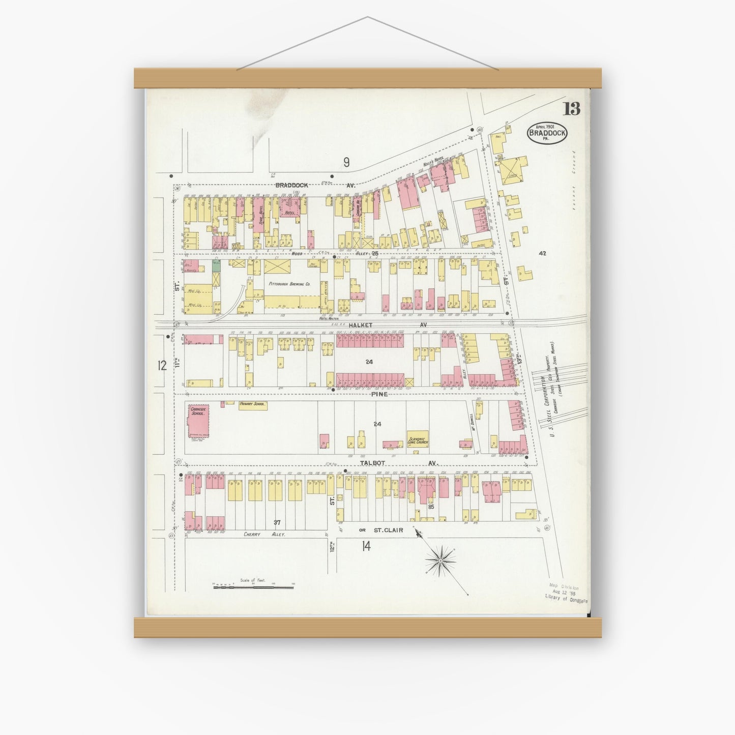 Old map wall art mockup — magnetic wood frame on white wall — Sanborn Fire Insurance Map from Braddock, Allegheny County, Pennsylvania (1901), Sheet #0013