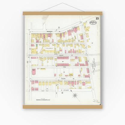 Old map wall art mockup — magnetic wood frame on white wall — Sanborn Fire Insurance Map from Braddock, Allegheny County, Pennsylvania (1901), Sheet #0013