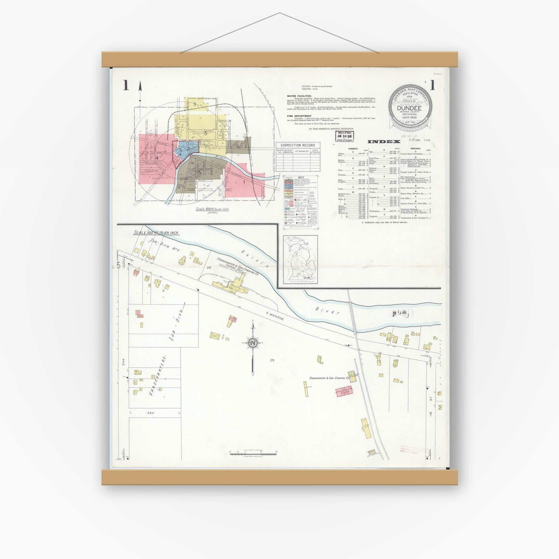 Old map wall art mockup — magnetic wood frame on white wall — Sanborn Fire Insurance Map from Dundee, Monroe County, Michigan (1938) - Complete Map Set