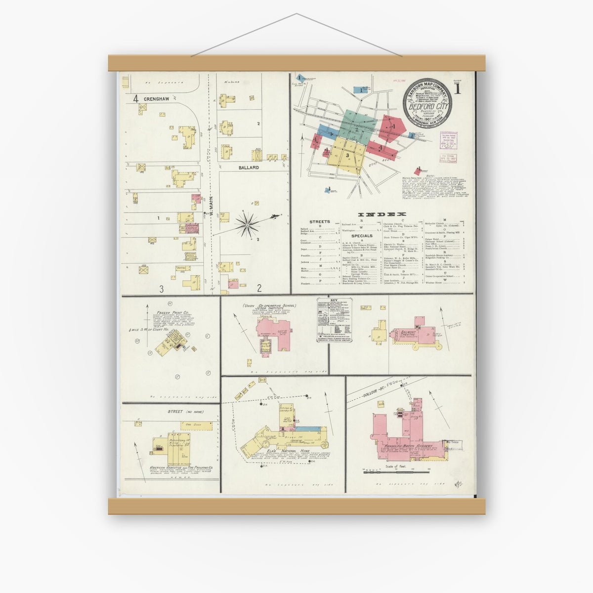 Old map wall art mockup — magnetic wood frame on white wall — Sanborn Fire Insurance Map from Bedford, Independent Cities, Virginia (1907) - Complete Map Set