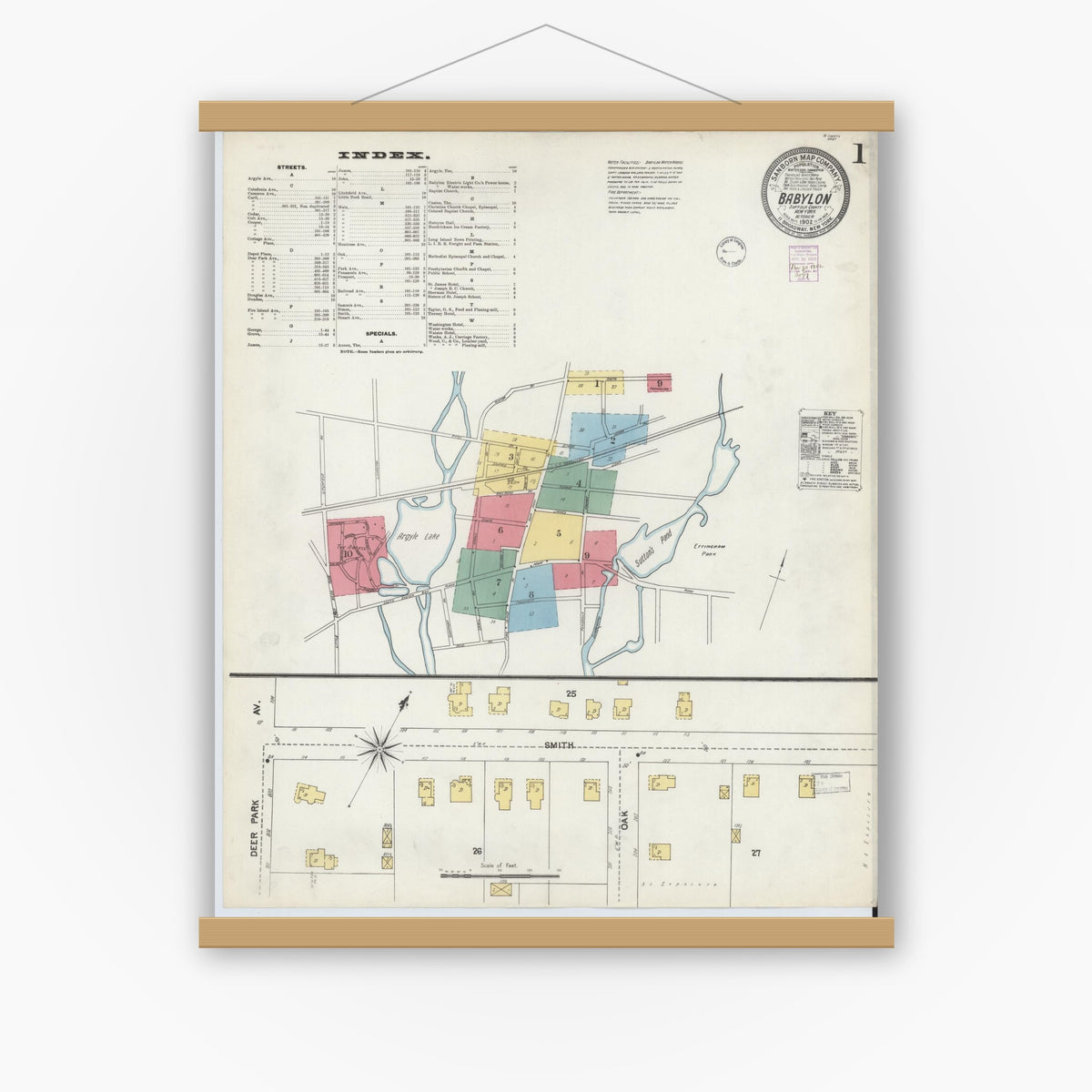 Old map wall art mockup — magnetic wood frame on white wall — Sanborn Fire Insurance Map from Babylon, Suffolk County, New York (1902) - Complete Map Set