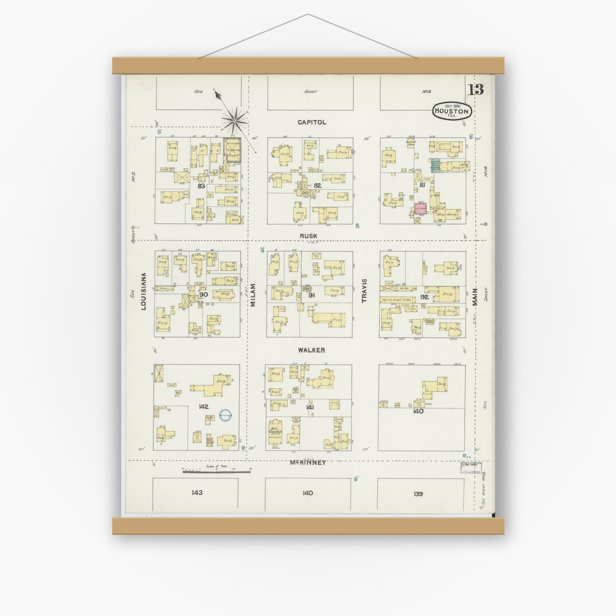 Old map wall art mockup — magnetic wood frame on white wall — Sanborn Fire Insurance Map from Houston, Harris County, Texas (1890), Sheet #0013