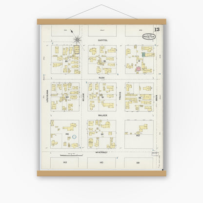 Old map wall art mockup — magnetic wood frame on white wall — Sanborn Fire Insurance Map from Houston, Harris County, Texas (1890), Sheet #0013