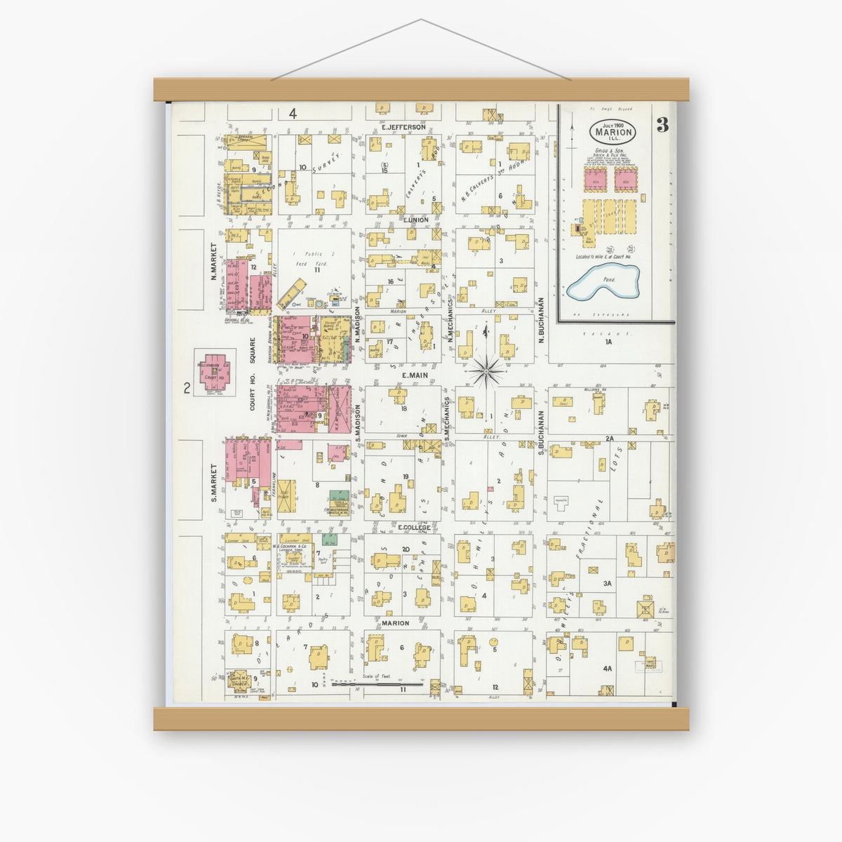 Old map wall art mockup — magnetic wood frame on white wall — Sanborn Fire Insurance Map from Marion, Williamson County, Illinois (1900), Sheet #0005