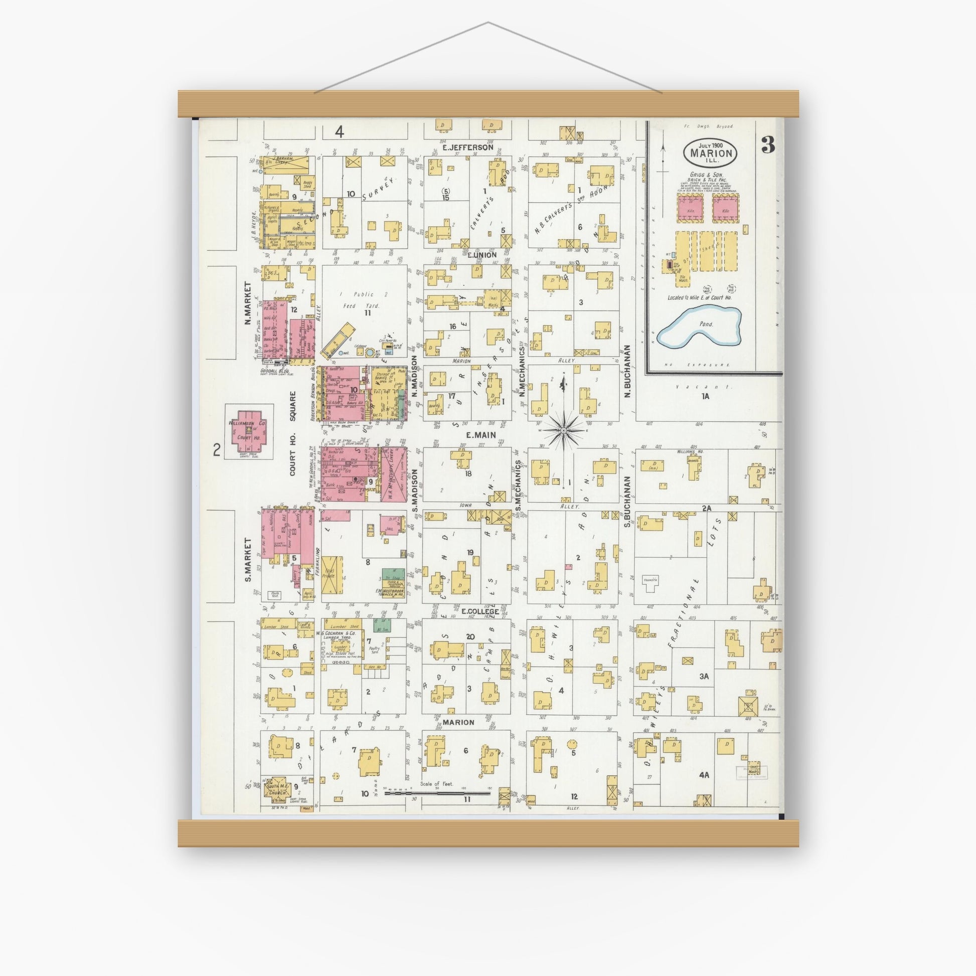Old map wall art mockup — magnetic wood frame on white wall — Sanborn Fire Insurance Map from Marion, Williamson County, Illinois (1900), Sheet #0005