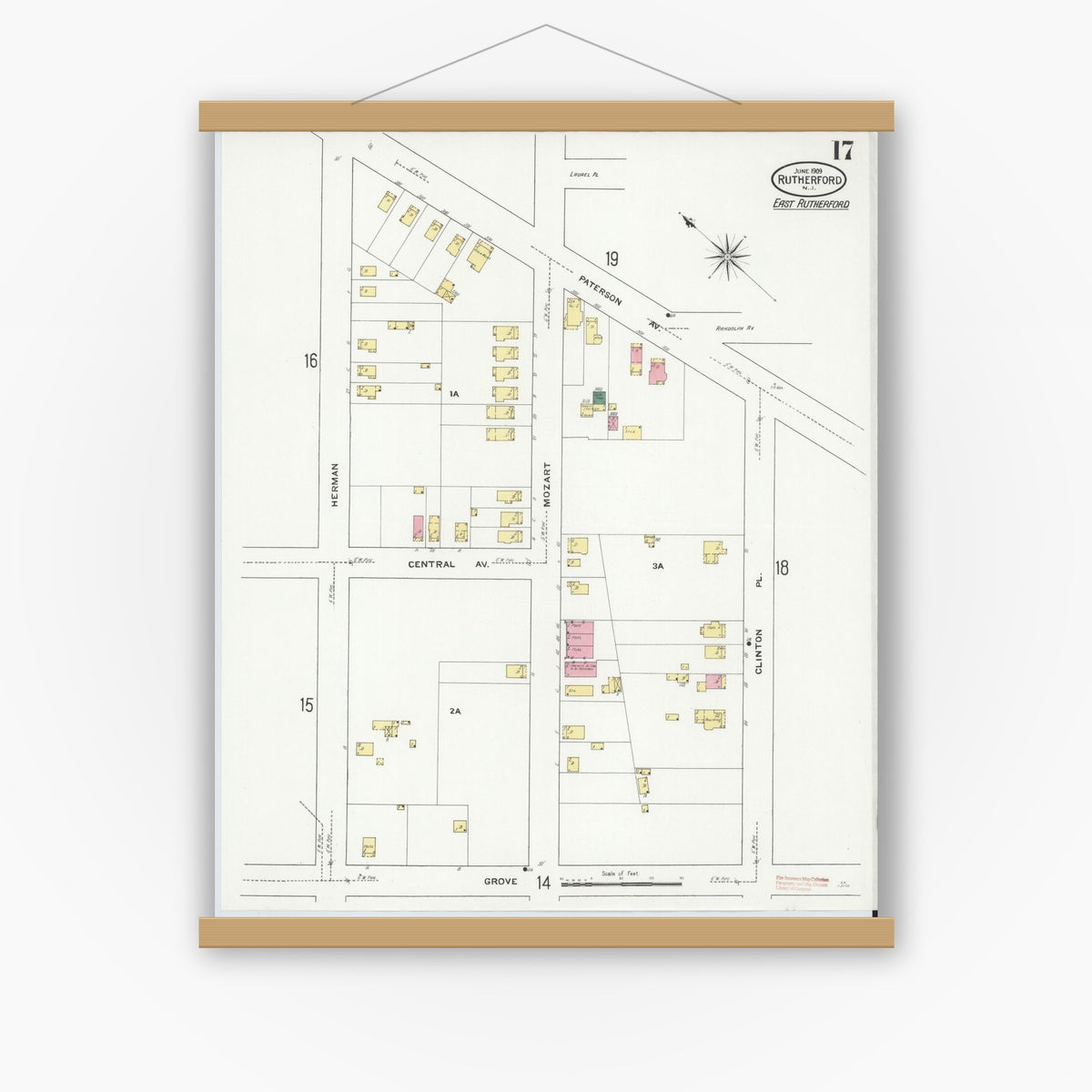 Old map wall art mockup — magnetic wood frame on white wall — Sanborn Fire Insurance Map from Rutherford, Bergen County, New Jersey (1909), Sheet #0017